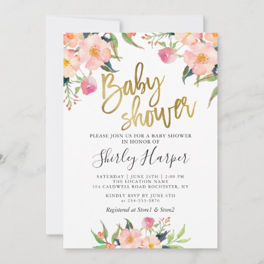 Elegante Rosa Floral Gold Script Baby Dusche Einladung (Vorderseite)