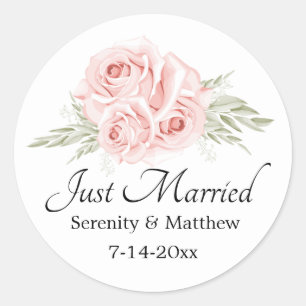Elegante rosa Floral-Just-Married-Hochzeit Runder Aufkleber