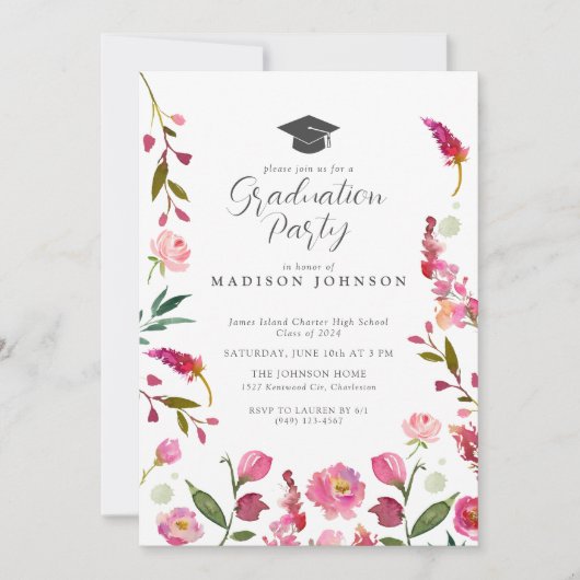 Elegante rosa Floral Moderne Script Graduation Par Einladung (Vorderseite)