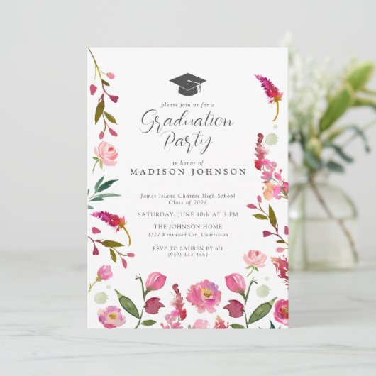 Elegante rosa Floral Moderne Script Graduation Par Einladung (Stehend Vorderseite)