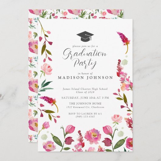 Elegante rosa Floral Moderne Script Graduation Par Einladung (Vorne/Hinten)