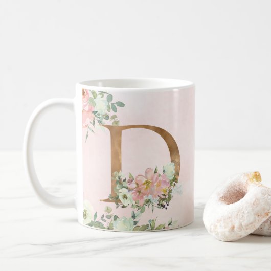 Elegante Rosa Floral Monogram D Kaffeemaschine Tas Kaffeetasse (Mit Donut)