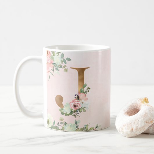 Elegante Rosa Floral Monogram J Coffee Tasse (Mit Donut)