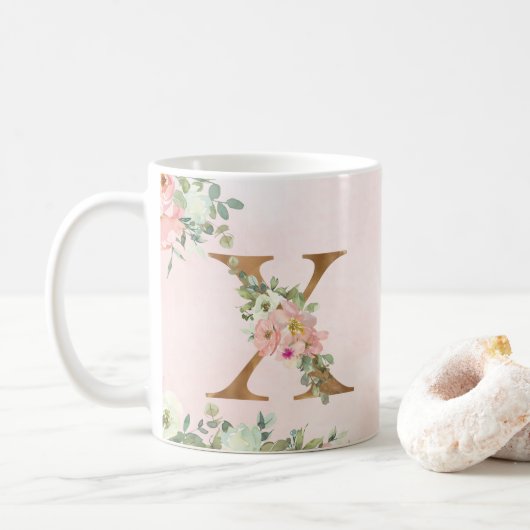 Elegante Rosa Floral Monogram X Tasse (Mit Donut)