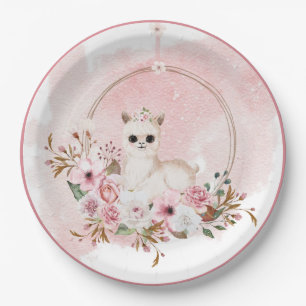 Elegante rosa Floral Watercolor Llama Baby Shower Pappteller