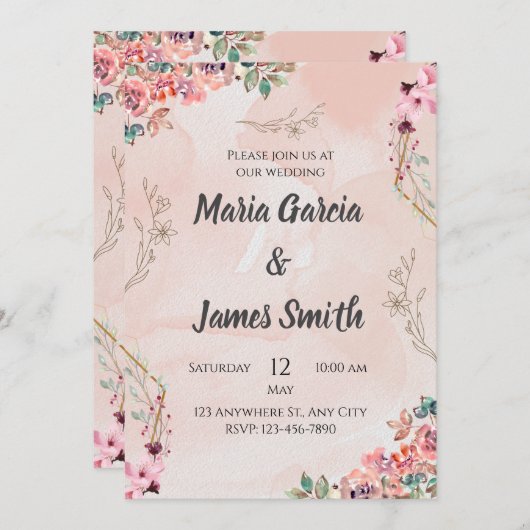 Elegante Rosa Floral Wedding Invitation Card Einladung (Vorne/Hinten)