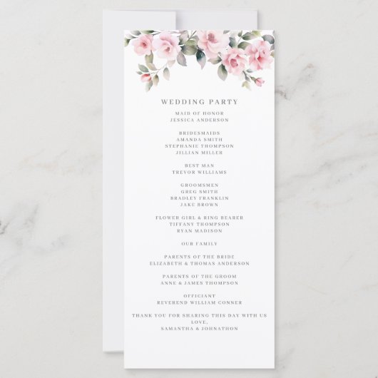 Elegante Rosa Floral Wedding Program Flat Card (Rückseite)