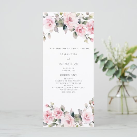 Elegante Rosa Floral Wedding Program Flat Card (Stehend Vorderseite)