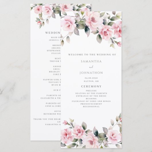 Elegante Rosa Floral Wedding Program Flat Card (Vorne/Hinten)
