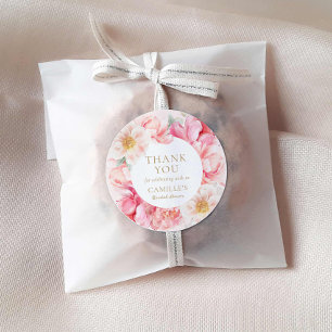 Elegante rosa florale Dankeskarten für Brautparty Runder Aufkleber