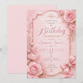 Elegante rosa florale Geburtstagseinladung mit Gla Einladung