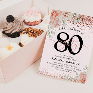 Elegante rosa florale & glitzernde 80. Geburtstags Einladung