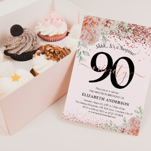 Elegante rosa florale & glitzernde 90. Geburtstags Einladung