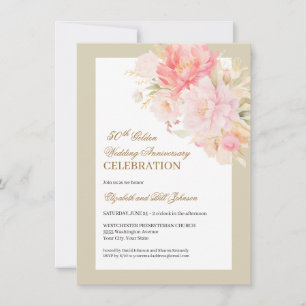 Elegante rosa florale goldene 50. Hochzeitsjubiläu Einladung