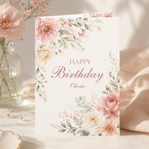 Elegante rosa florale Happy Birthday Name gefaltet Karte