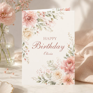Elegante rosa florale Happy Birthday Name gefaltet Karte