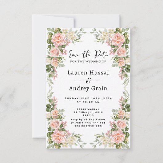 Elegante Rosa Florale Hochzeit "Save the Date" Save The Date (Vorderseite)