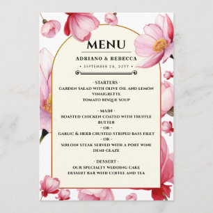 Elegante rosa florale Hochzeitsmenü Menükarte