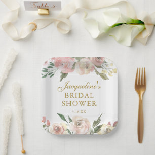 Elegante rosa florale individuelle Gold-Brautparty Pappteller