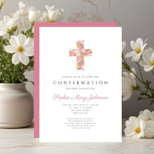 Elegante rosa florale Kreuz Mädchen Konfirmation Einladung