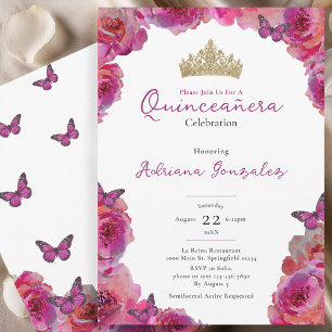 Elegante rosa florale Krone Quinceanera Einladung