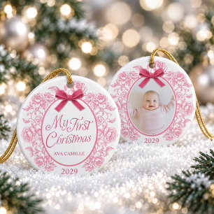 Elegante rosa florale Mein erstes Weihnachten Foto Keramik Ornament
