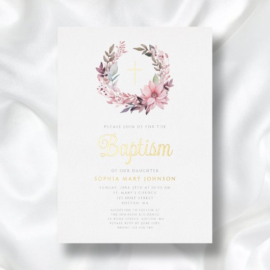 Elegante rosa florale religiöse Girl Baptisse Folieneinladung