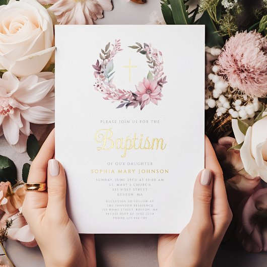 Elegante rosa florale religiöse Girl Baptisse Folieneinladung