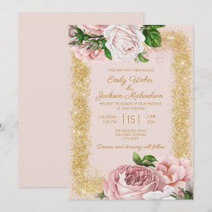 Elegante rosa florale Rosen Gold Glitter Hochzeit Einladung
