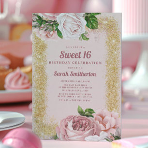 Elegante rosa florale Rosen Gold Glitter Sweet 16 Einladung