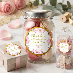 Elegante rosa florale und Goldfolie Hochzeit Danke Runder Aufkleber