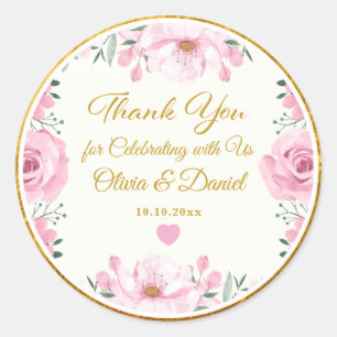Elegante rosa florale und Goldfolie Hochzeit Danke Runder Aufkleber