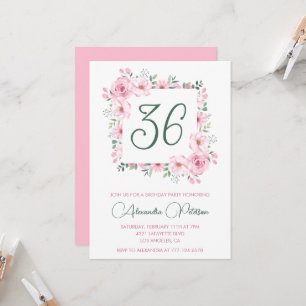 Elegante rosa florale Wasserfarbe 36. Geburtstag  Einladung