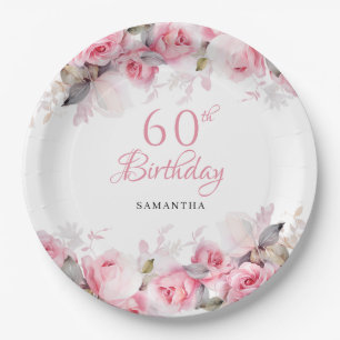 Elegante rosa florale Wasserfarbe 60. Geburtstag Pappteller