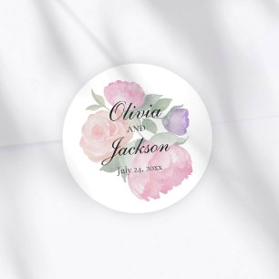 Elegante rosa florale Wasserfarben-Hochzeit Runder Aufkleber
