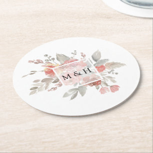 Elegante Rosa Florale Wasserfarben-Hochzeit Runder Pappuntersetzer
