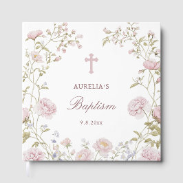 Elegante Rosa Florales Rahmen Taufe Gästebuch