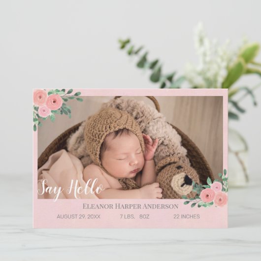 Elegante Rosa Florals Foto Geburtserklärung Ankünd Ankündigung (Stehend Vorderseite)