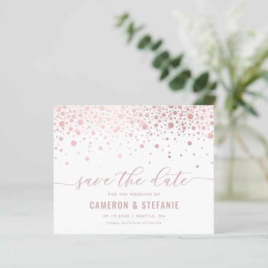 Elegante Rosa Foil Confetti Save the Date weiß (Stehend Vorderseite)