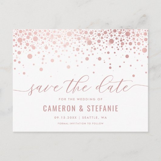 Elegante Rosa Foil Confetti Save the Date weiß Postkarte (Vorderseite)
