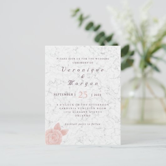 Elegante Rosa-Folie Marmor Einladung zur Hochzeit Postkarte (Stehend Vorderseite)