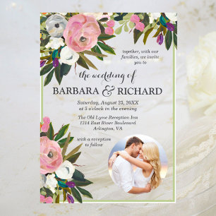 Elegante rosa Foto Floral Wasserfarbe Hochzeit Acryleinladungen