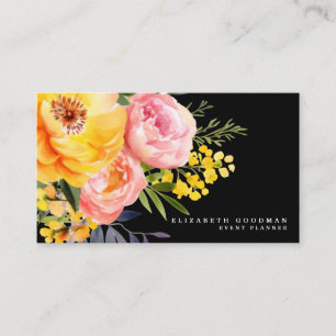 Elegante rosa gelbe Floral schwarze Visitenkarten Visitenkarte