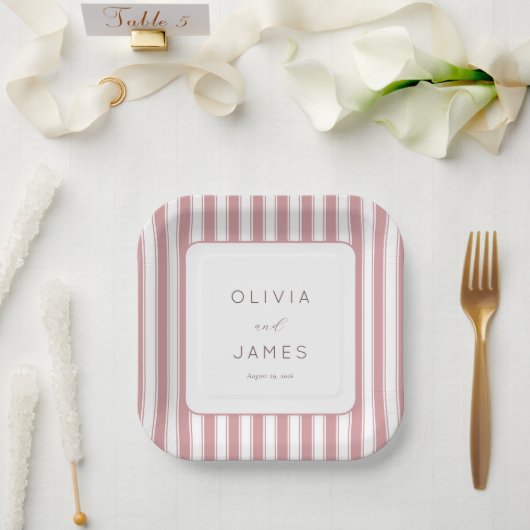Elegante Rosa Gestreifte Minimalistin Pappteller (Hochzeit)