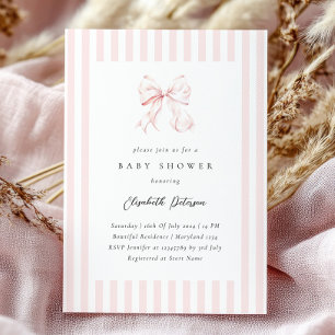 Elegante rosa gestreifte Schleife Baby Shower Einladung