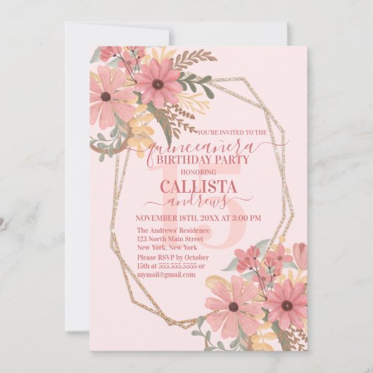 Elegante rosa gestrichene Blume Glitzer Quinceañer Einladung (Vorderseite)