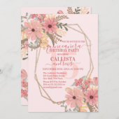 Elegante rosa gestrichene Blume Glitzer Quinceañer Einladung (Vorne/Hinten)