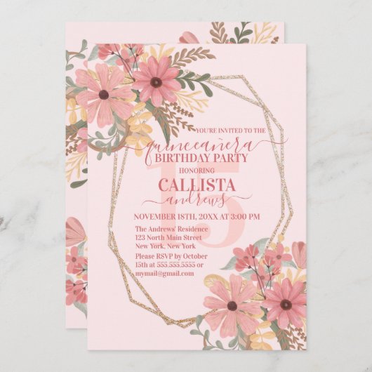 Elegante rosa gestrichene Blume Glitzer Quinceañer Einladung (Vorne/Hinten)