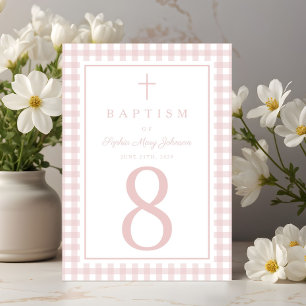 Elegante rosa Gingham Mädchen Taufe Tischnummer