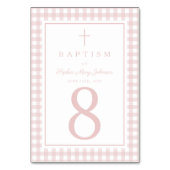 Elegante rosa Gingham Mädchen Taufe Tischnummer (Rückseite)